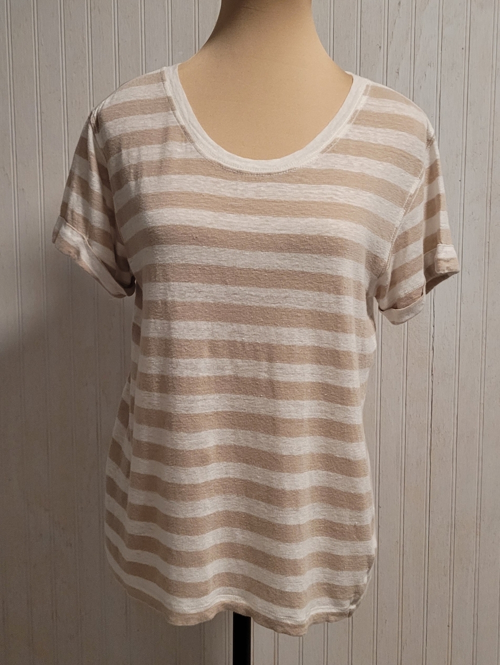 Theory Lisso Striped Linen Tee Tan White Size M